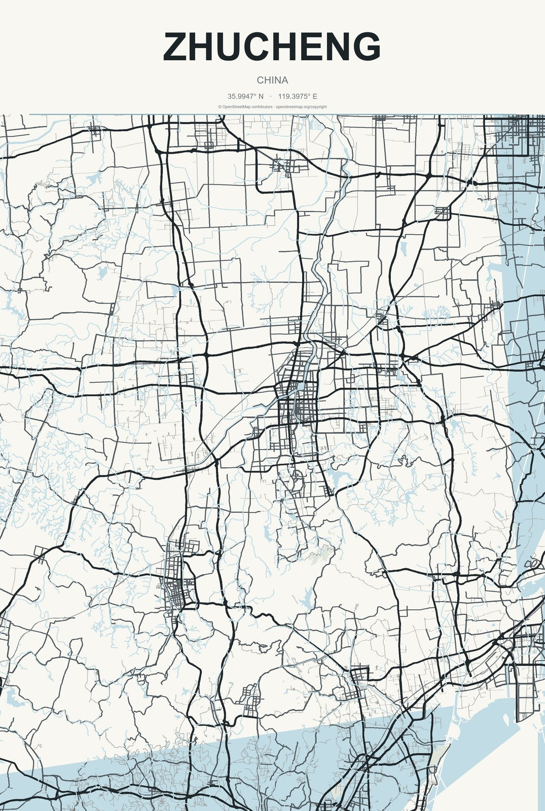 Zhucheng, China City Map Aluminum Sign in Headline Atlas style
