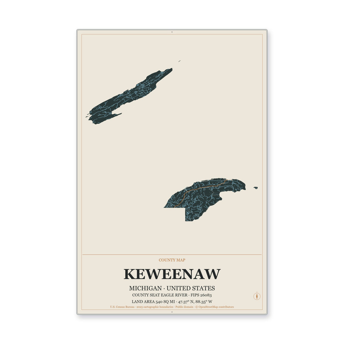 Keweenaw County, Michigan Map Aluminum Sign in Headline Atlas style