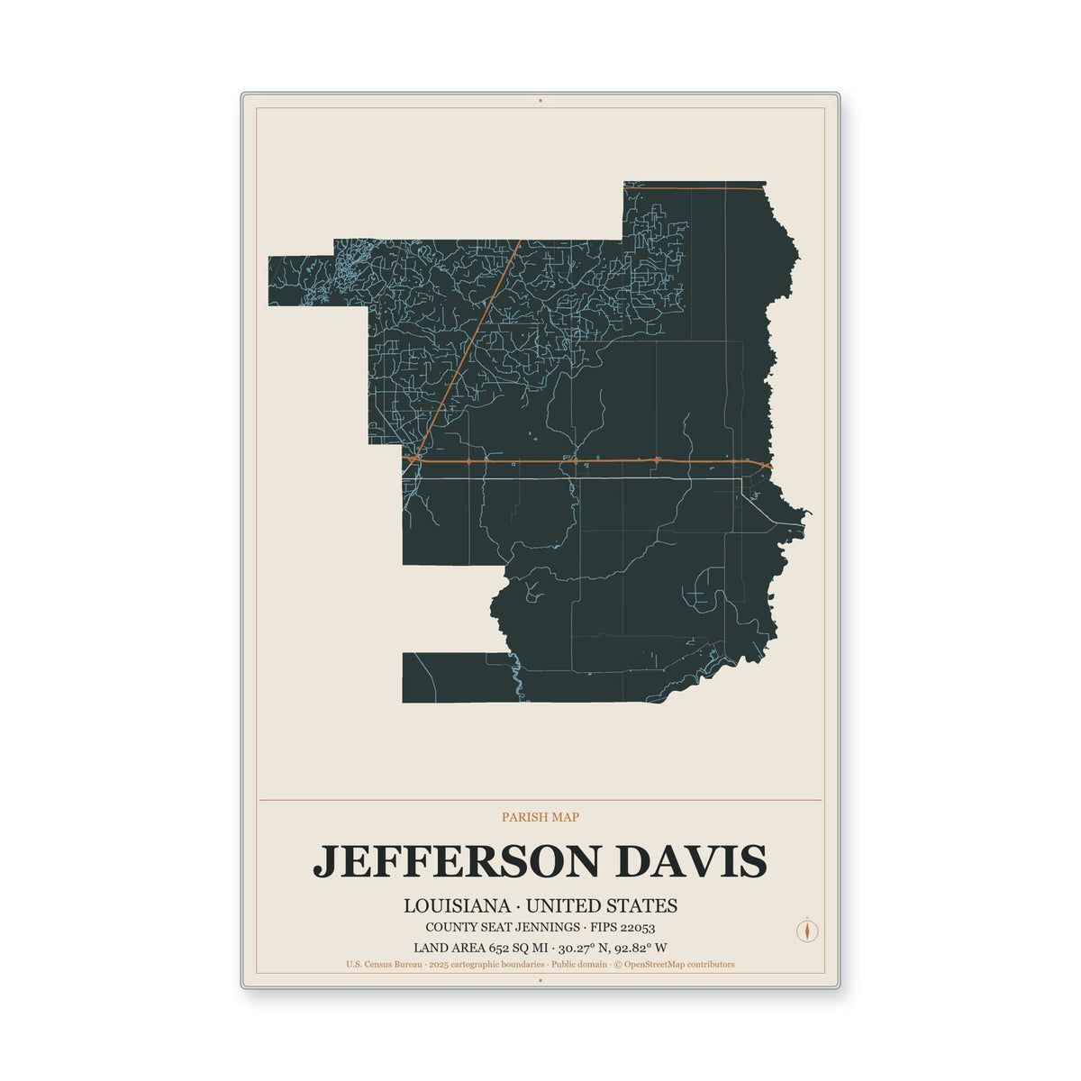 Jefferson Davis Parish, Louisiana Map Aluminum Sign in Headline Atlas style