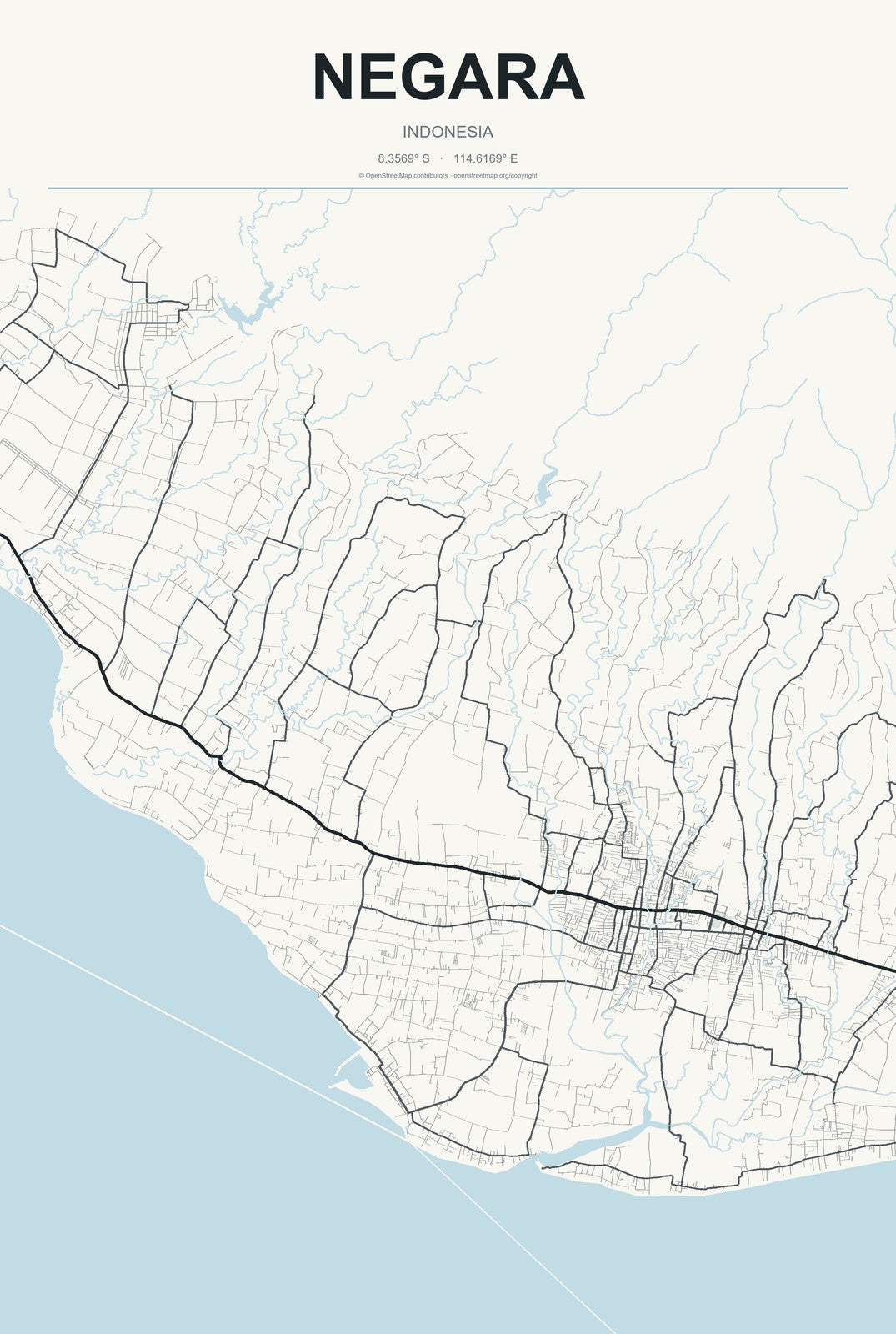 Negara, Indonesia City Map Aluminum Sign in Headline Atlas style