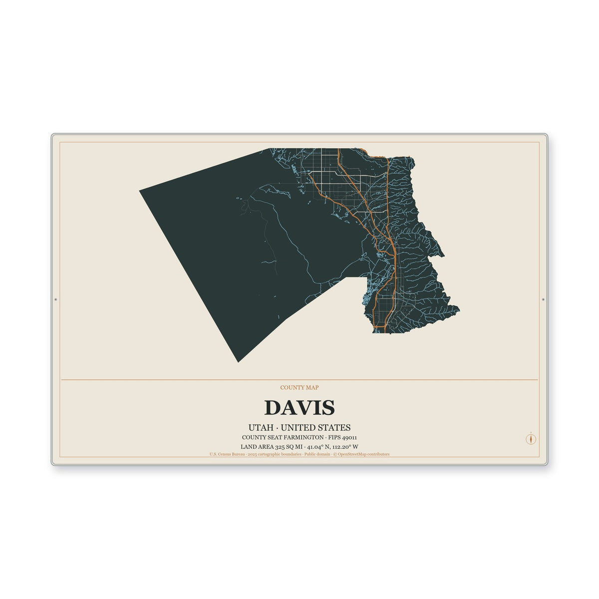 Davis County, Utah Map Aluminum Sign in Headline Atlas style