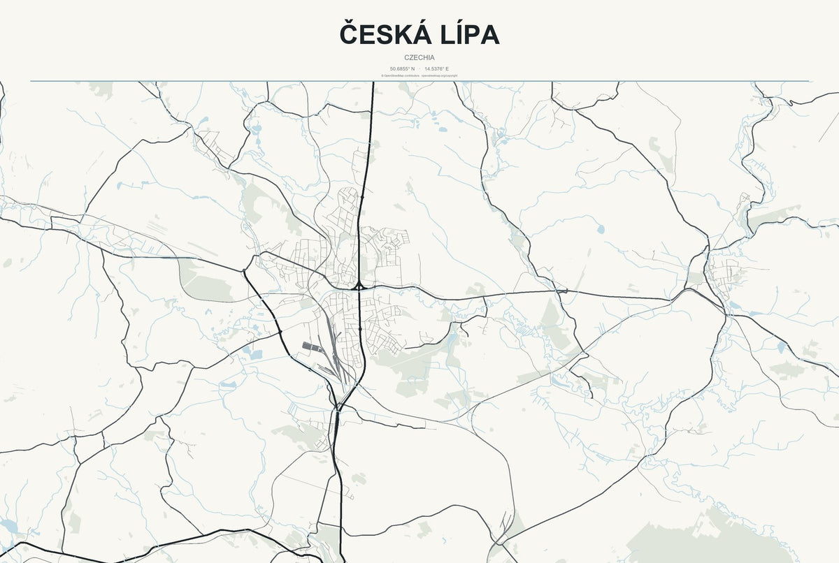 Česká Lípa, Czechia City Map Aluminum Sign in Headline Atlas style