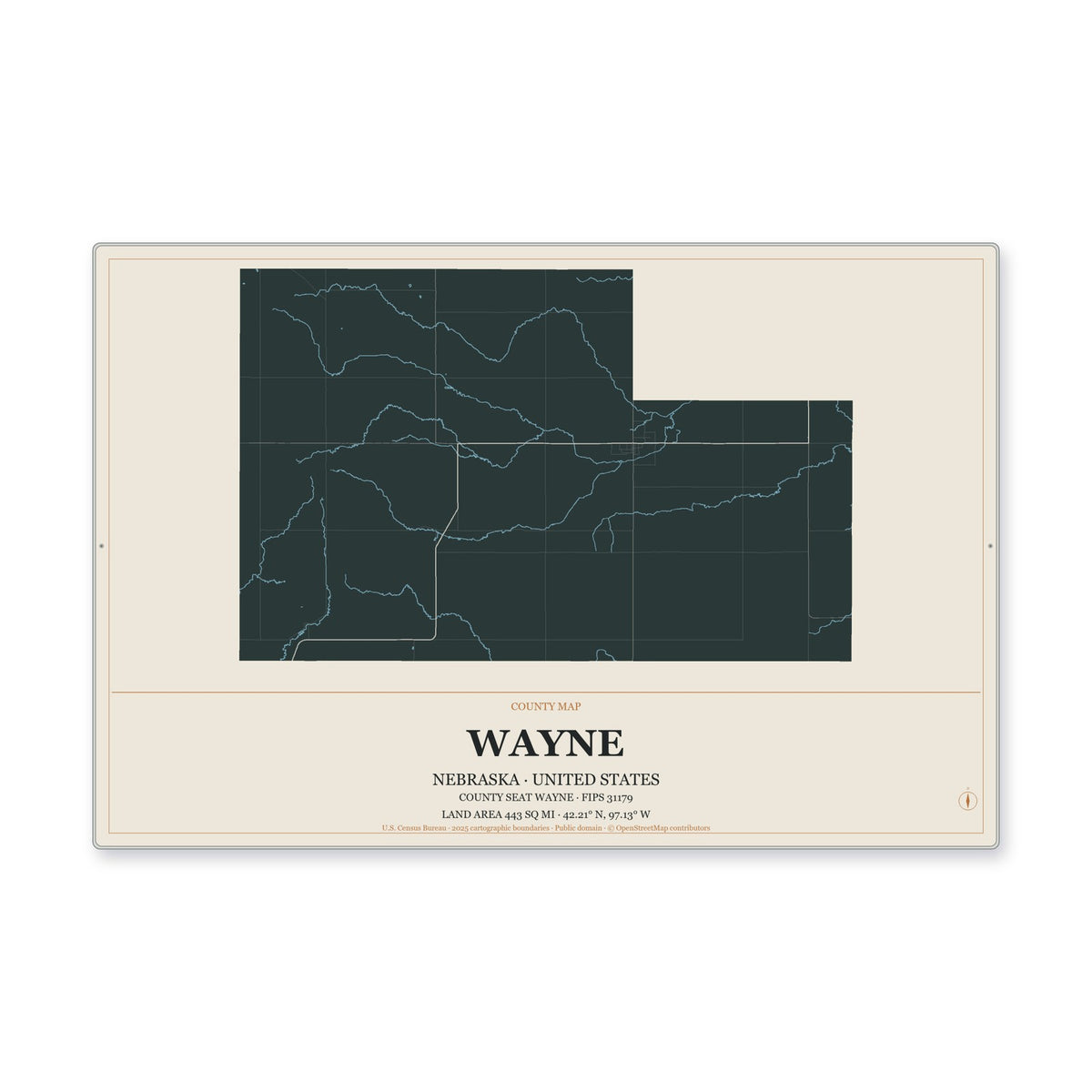 Wayne County, Nebraska Map Aluminum Sign in Headline Atlas style