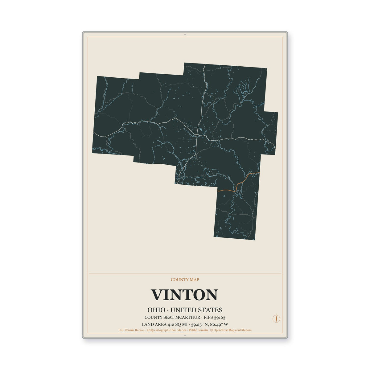 Vinton County, Ohio Map Aluminum Sign in Headline Atlas style