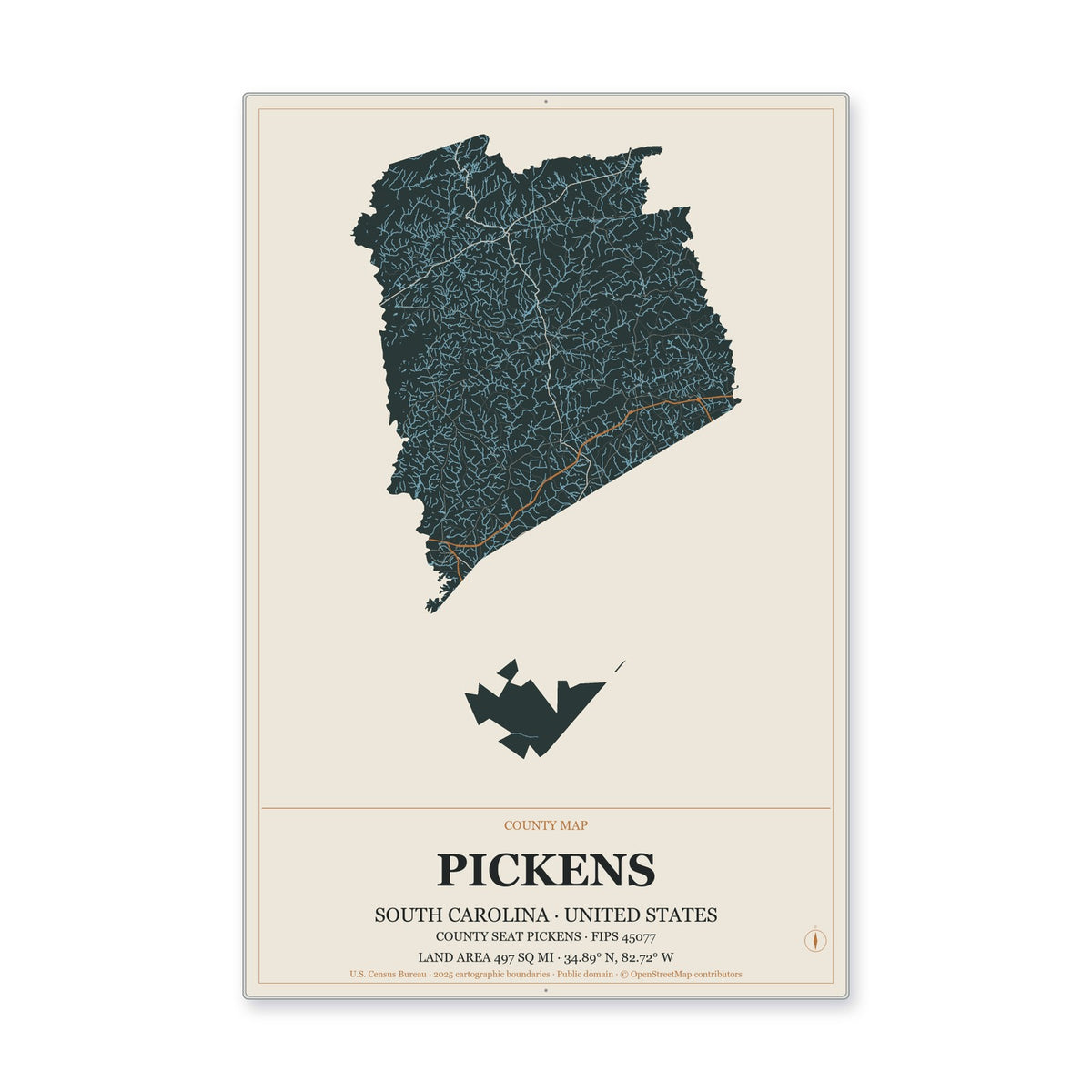 Pickens County, South Carolina Map Aluminum Sign in Headline Atlas style