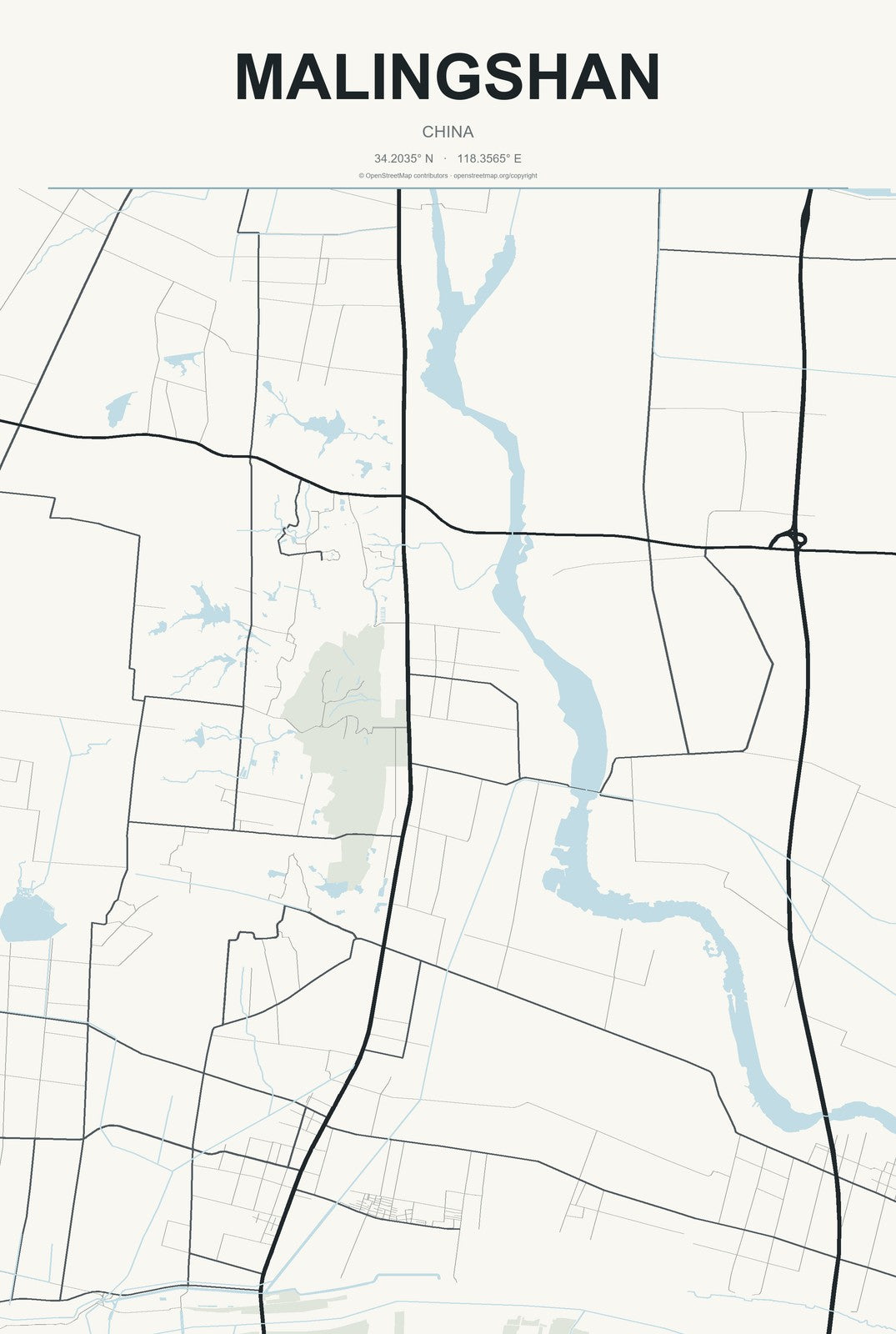 Malingshan, China City Map Aluminum Sign in Headline Atlas style