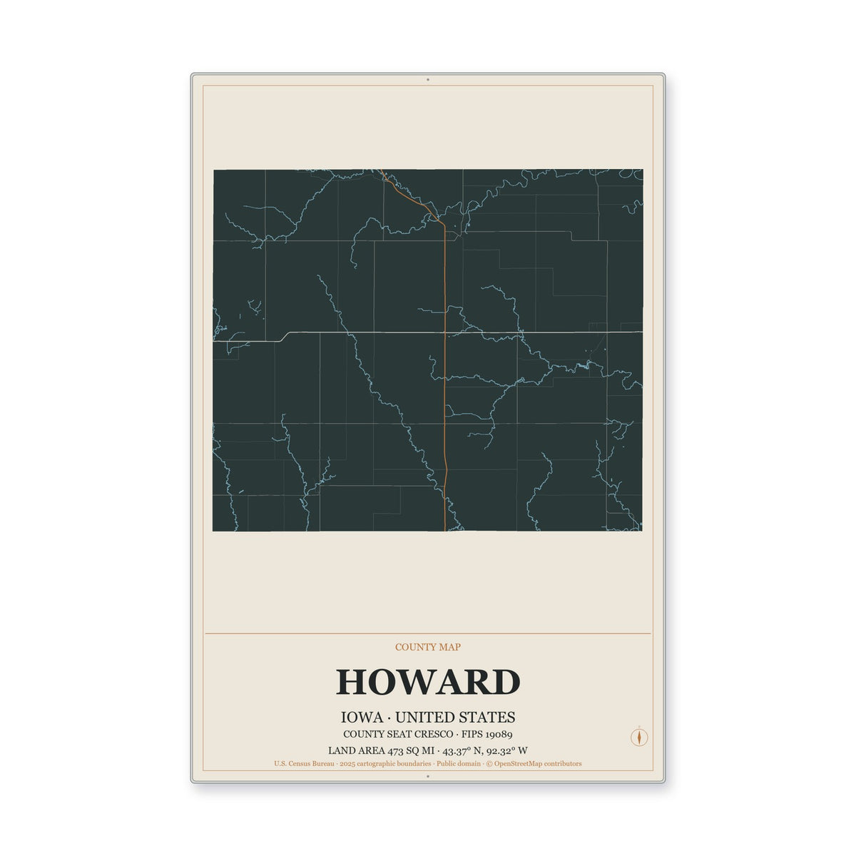 Howard County, Iowa Map Aluminum Sign in Headline Atlas style