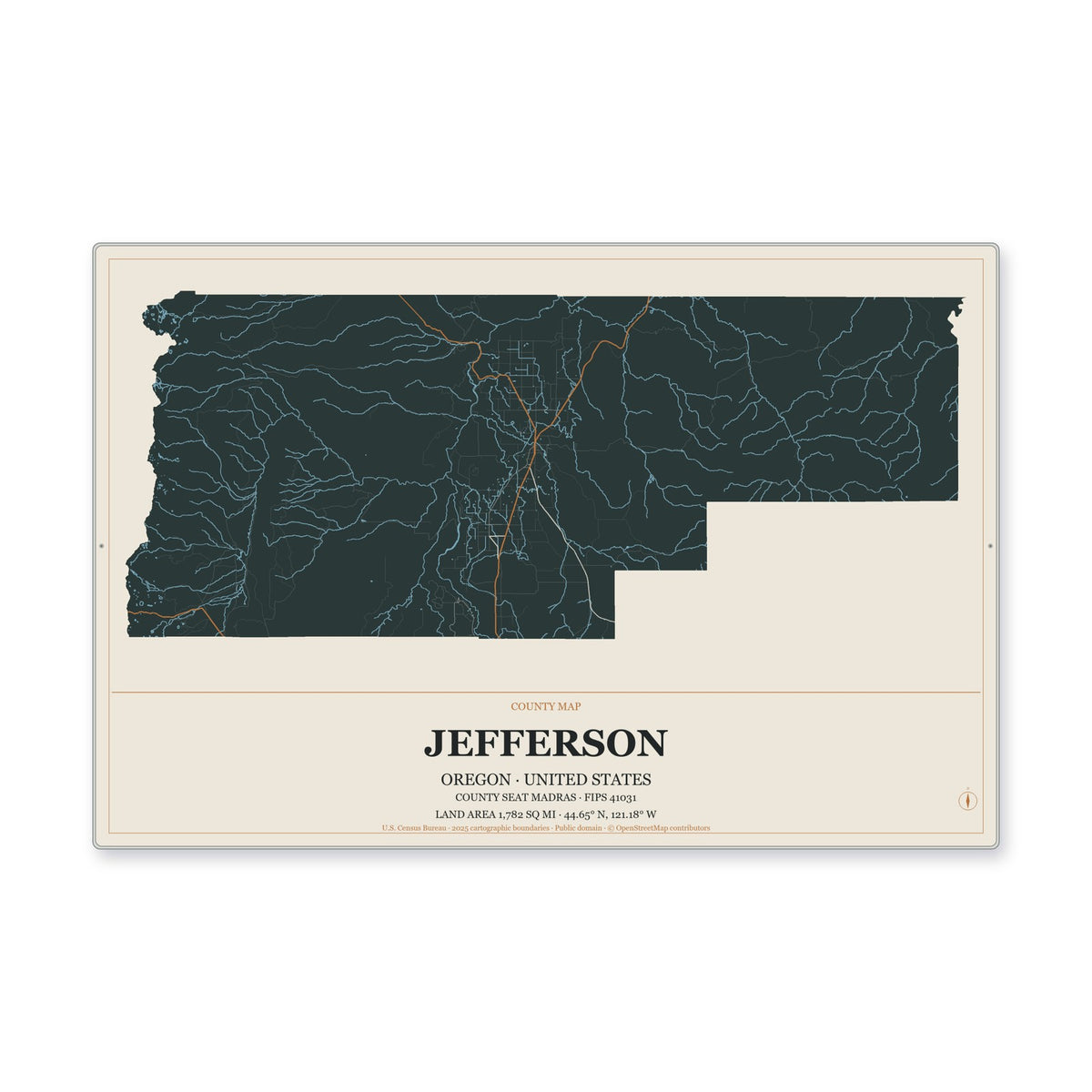 Jefferson County, Oregon Map Aluminum Sign in Headline Atlas style