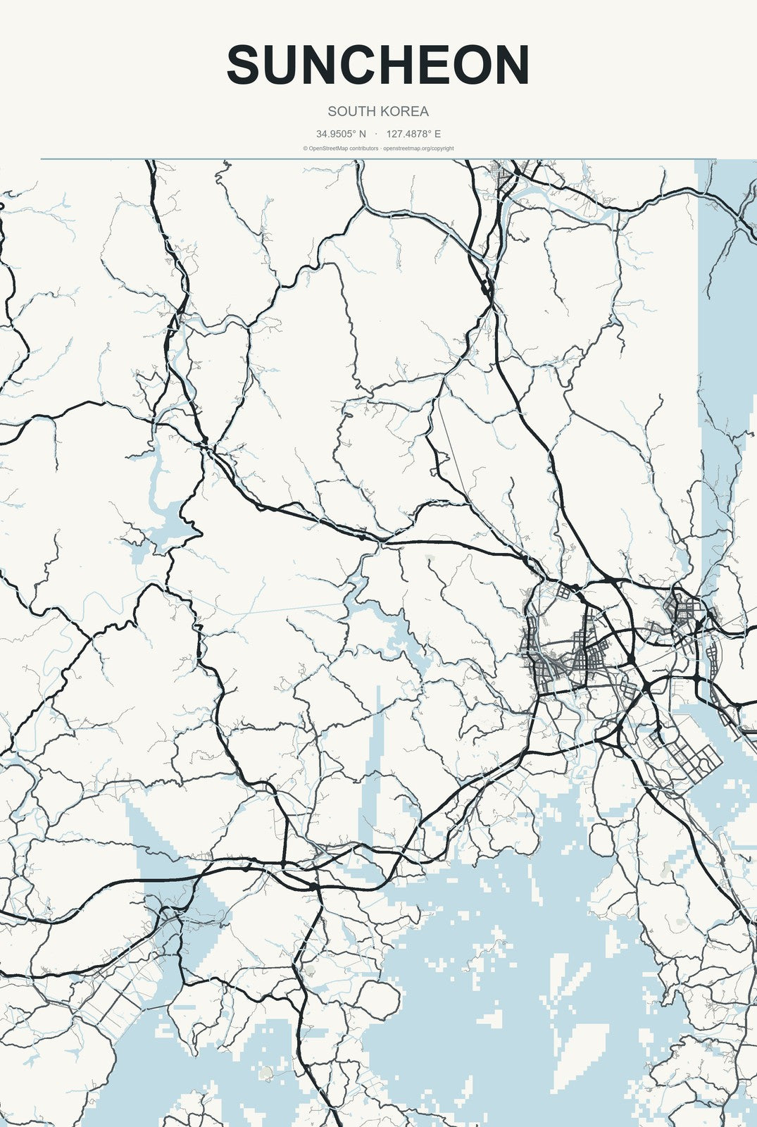 Suncheon, South Korea City Map Aluminum Sign in Headline Atlas style