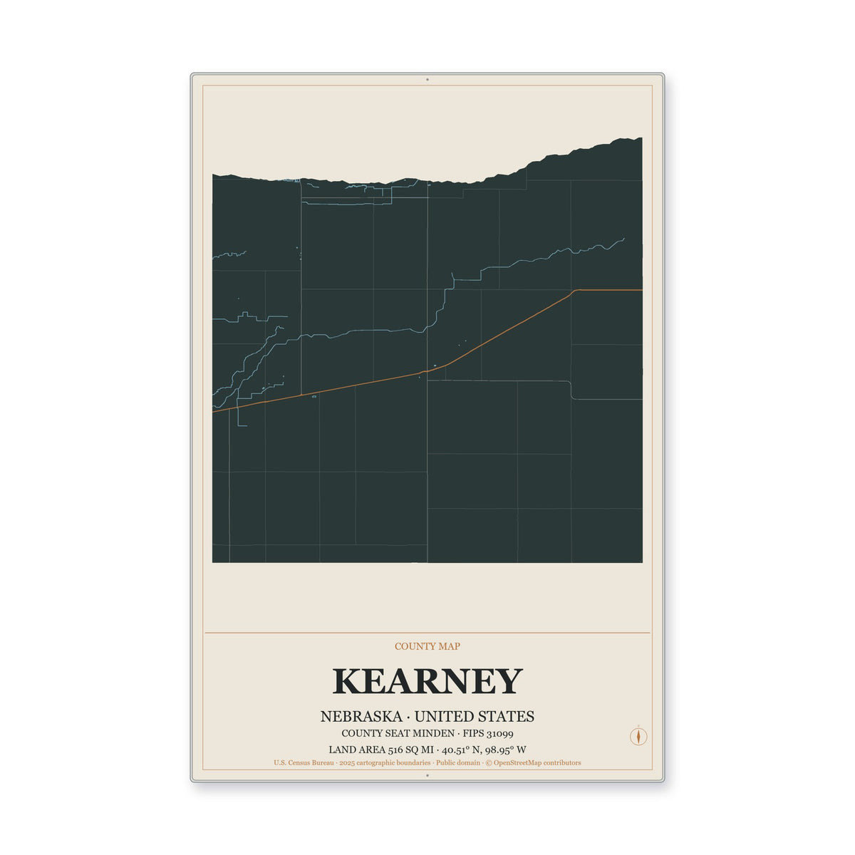 Kearney County, Nebraska Map Aluminum Sign in Headline Atlas style