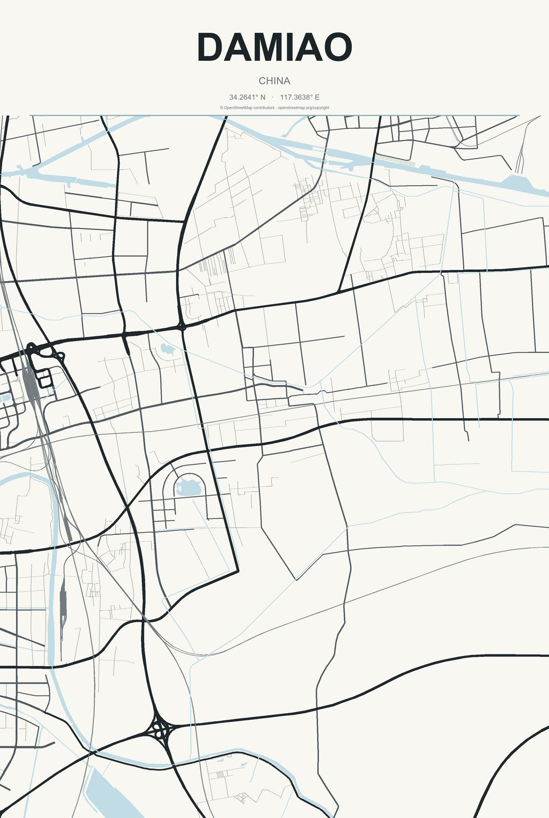 Damiao, Jiangsu, China City Map Aluminum Sign in Headline Atlas style