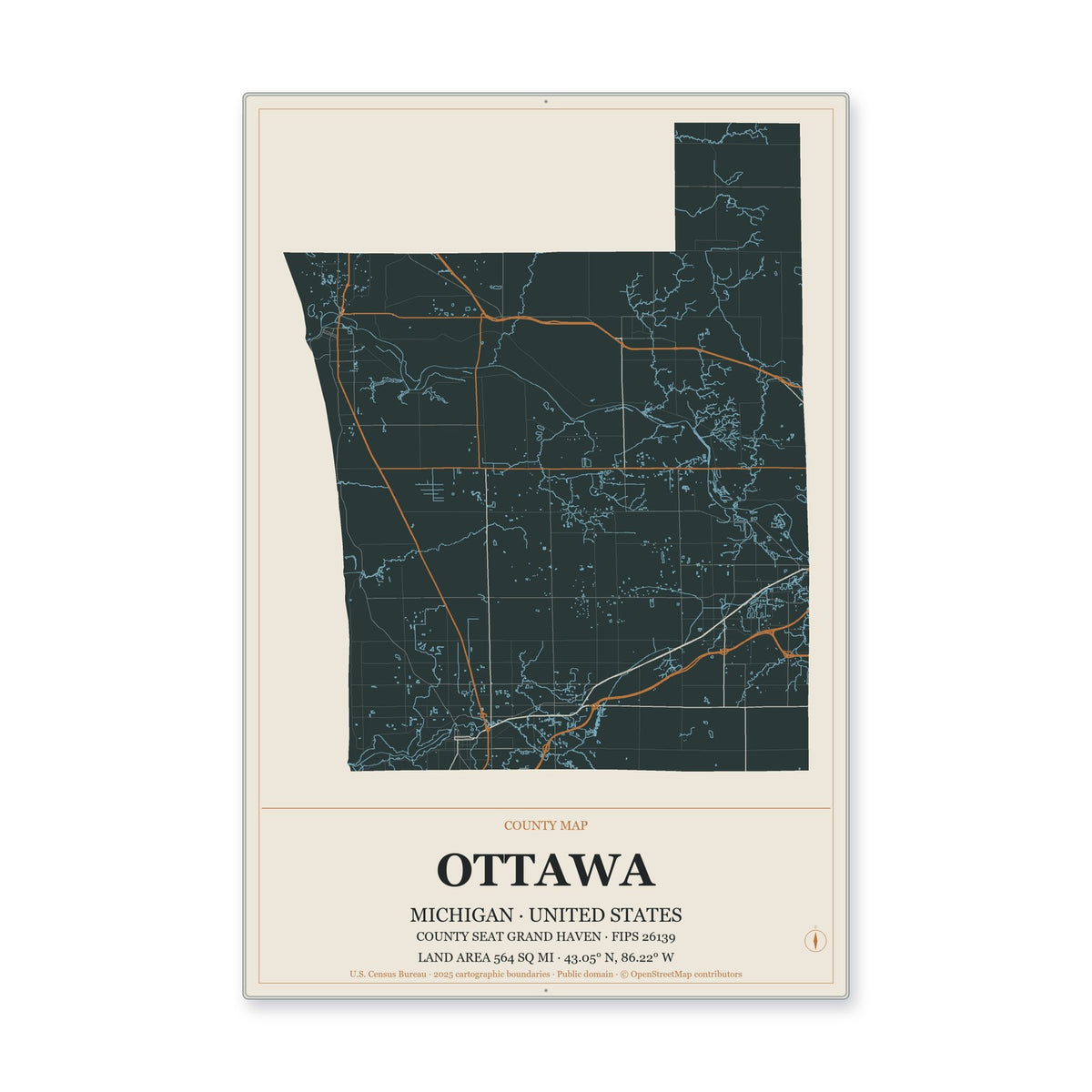 Ottawa County, Michigan Map Aluminum Sign in Headline Atlas style