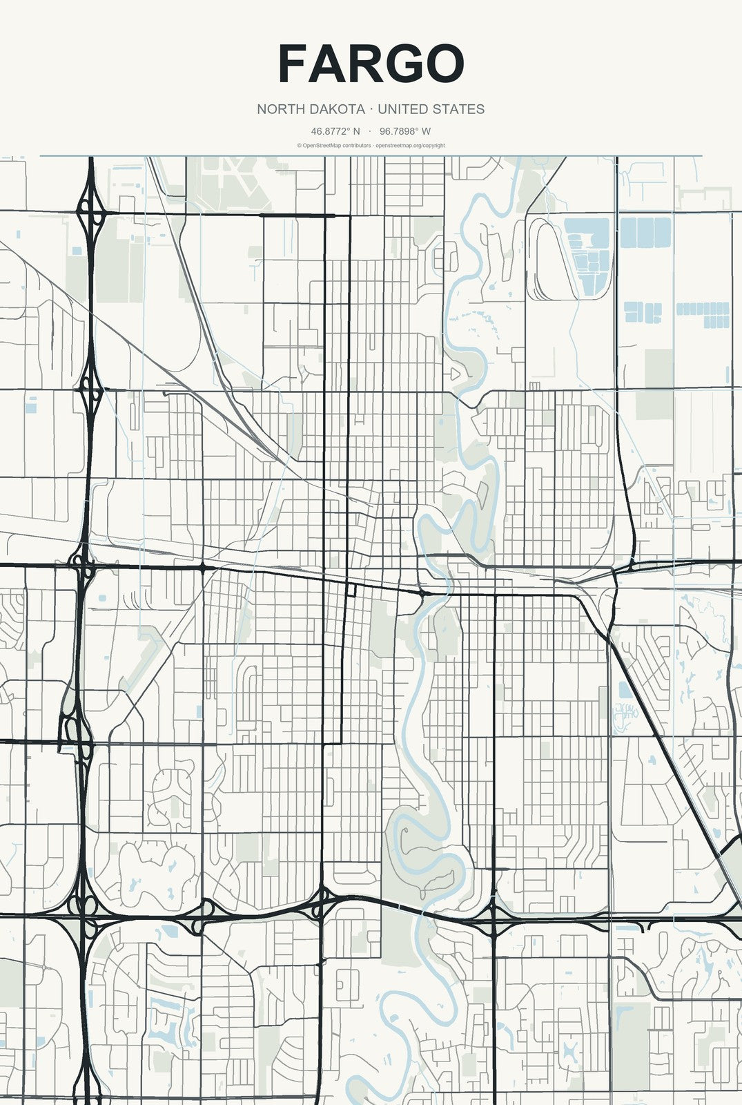 Fargo, North Dakota City Map Aluminum Sign in Headline Atlas style