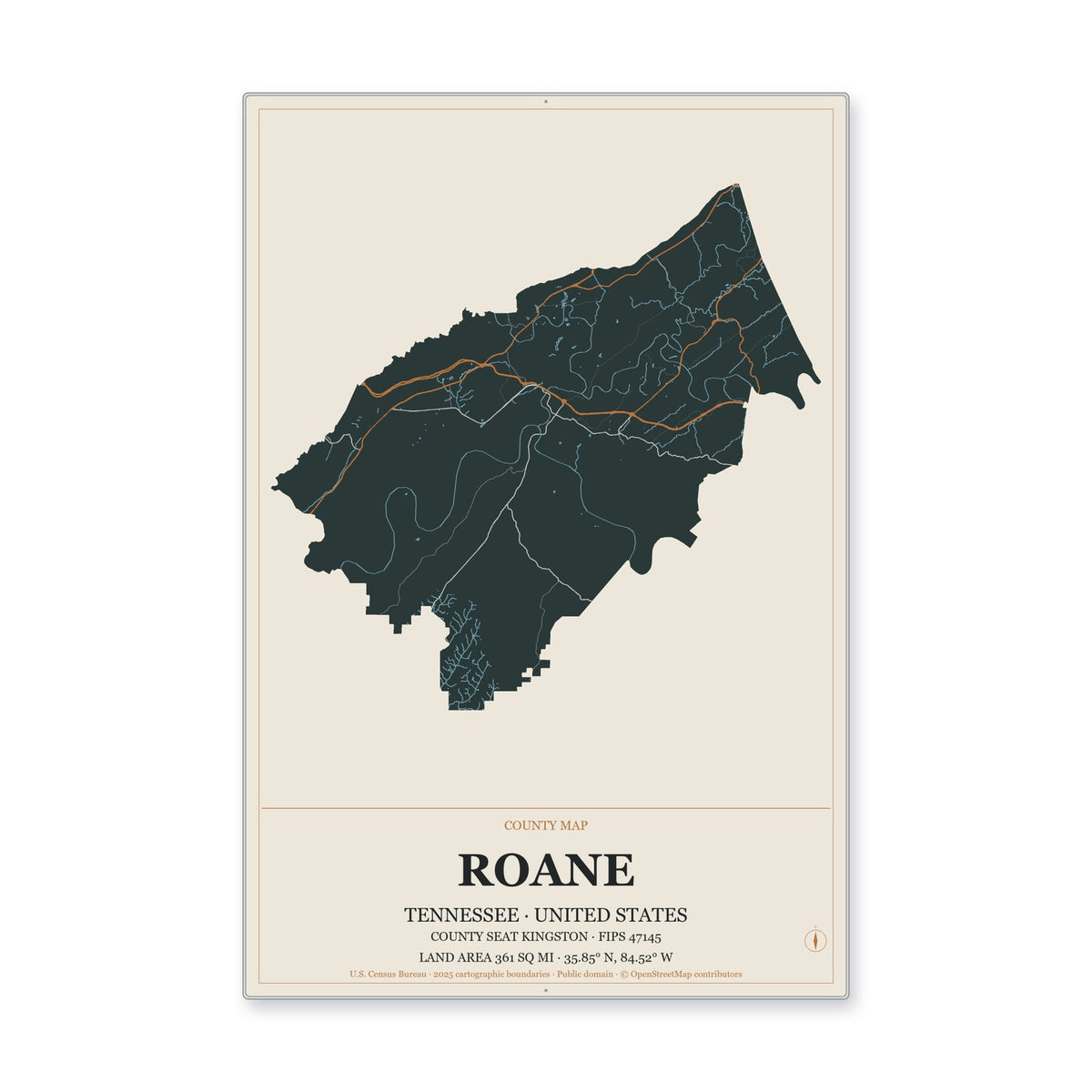 Roane County, Tennessee Map Aluminum Sign in Headline Atlas style