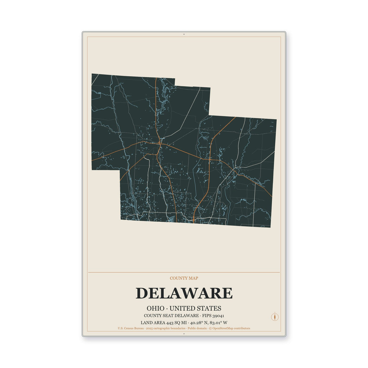 Delaware County, Ohio Map Aluminum Sign in Headline Atlas style