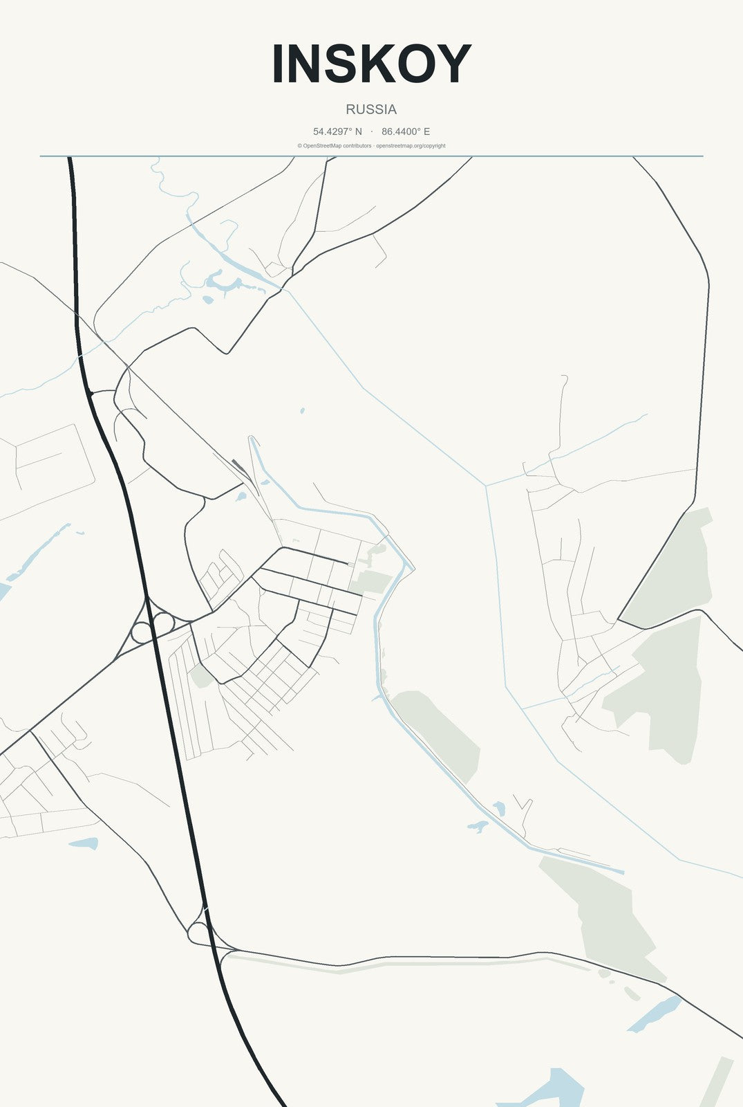 Inskoy, Russia City Map Aluminum Sign in Headline Atlas style