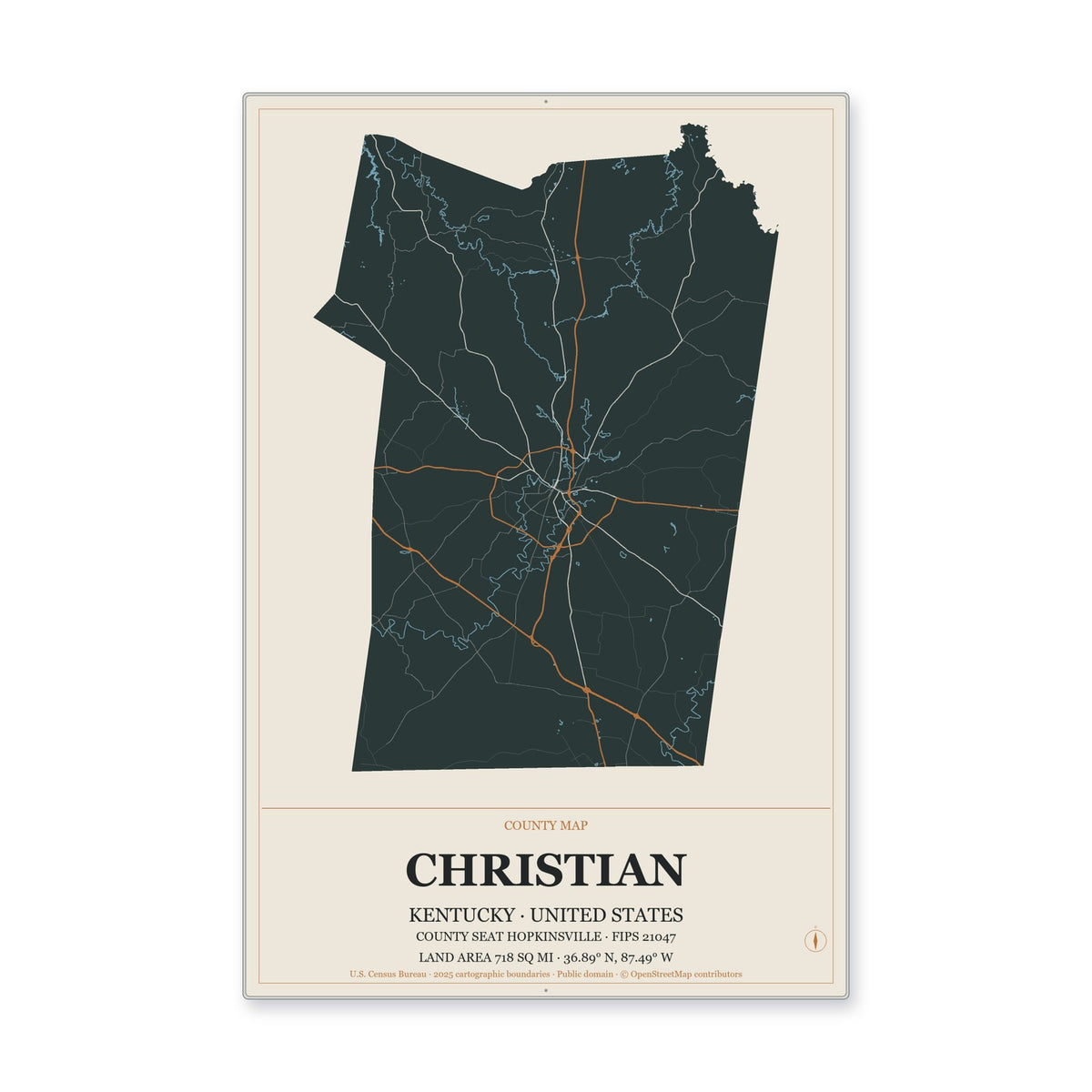 Christian County, Kentucky Map Aluminum Sign in Headline Atlas style
