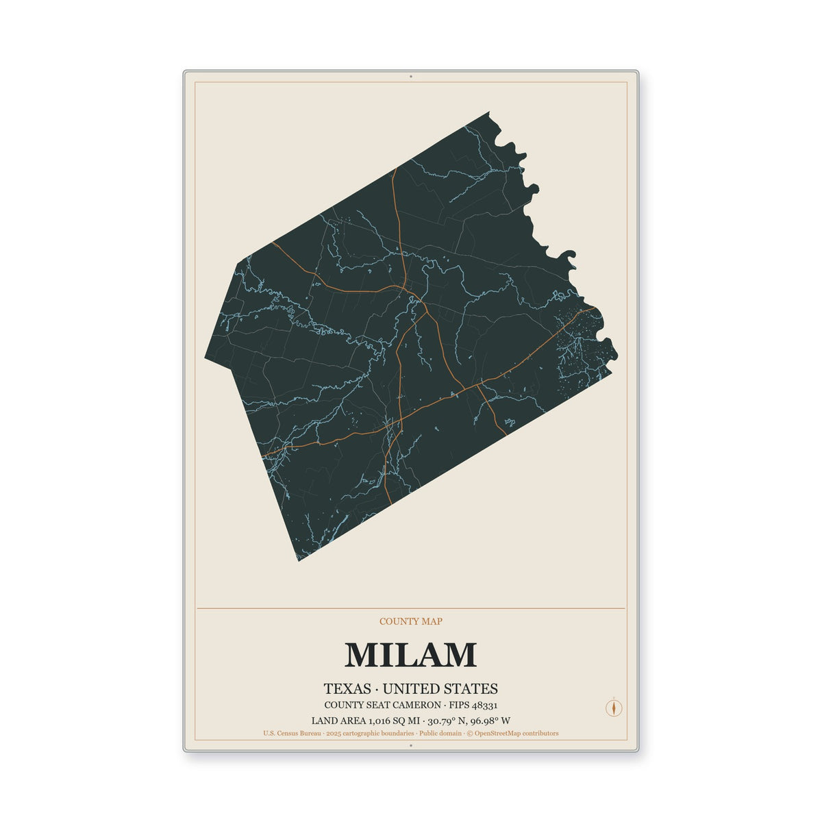 Milam County, Texas Map Aluminum Sign in Headline Atlas style