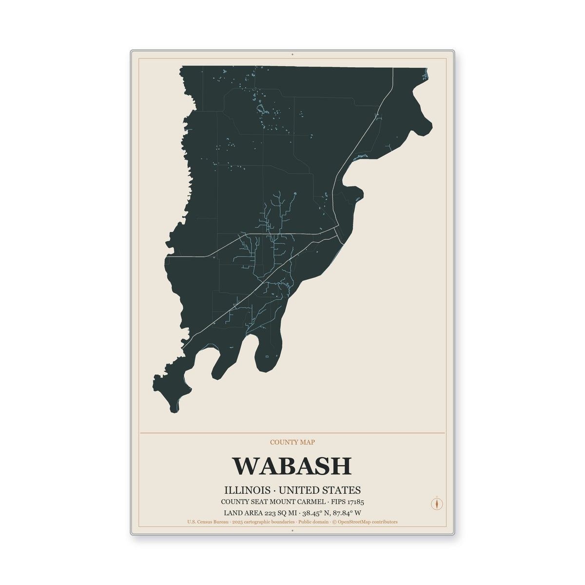 Wabash County, Illinois Map Aluminum Sign in Headline Atlas style