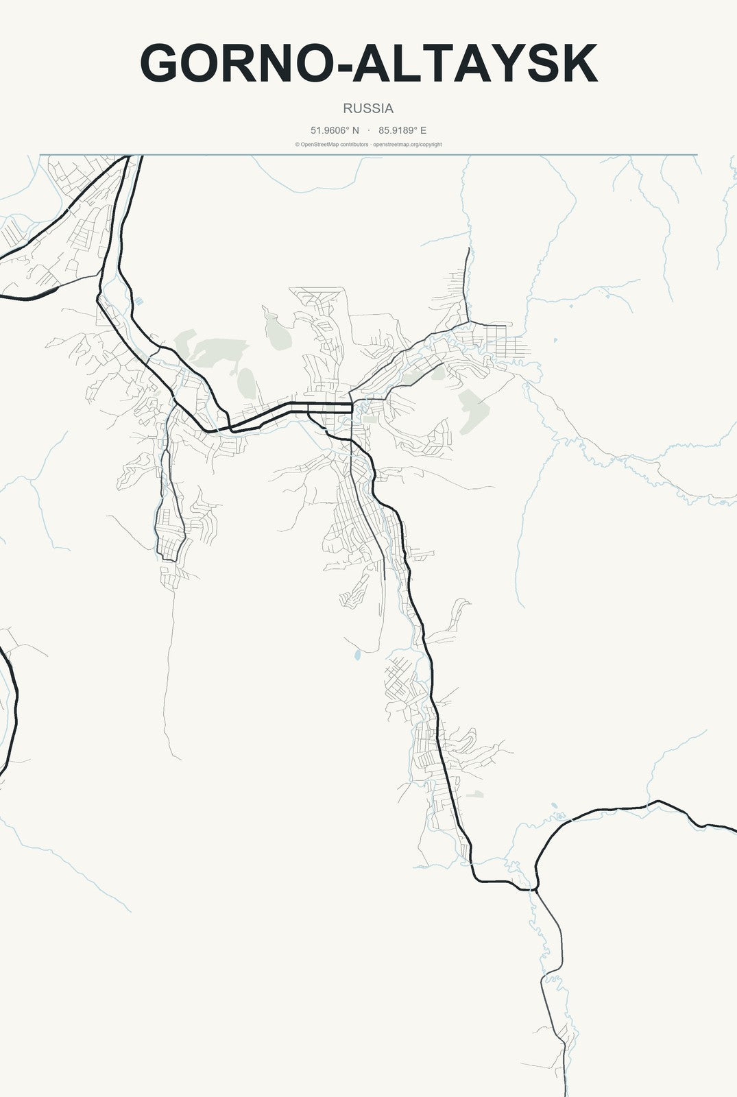 Gorno-Altaysk, Russia City Map Aluminum Sign in Headline Atlas style