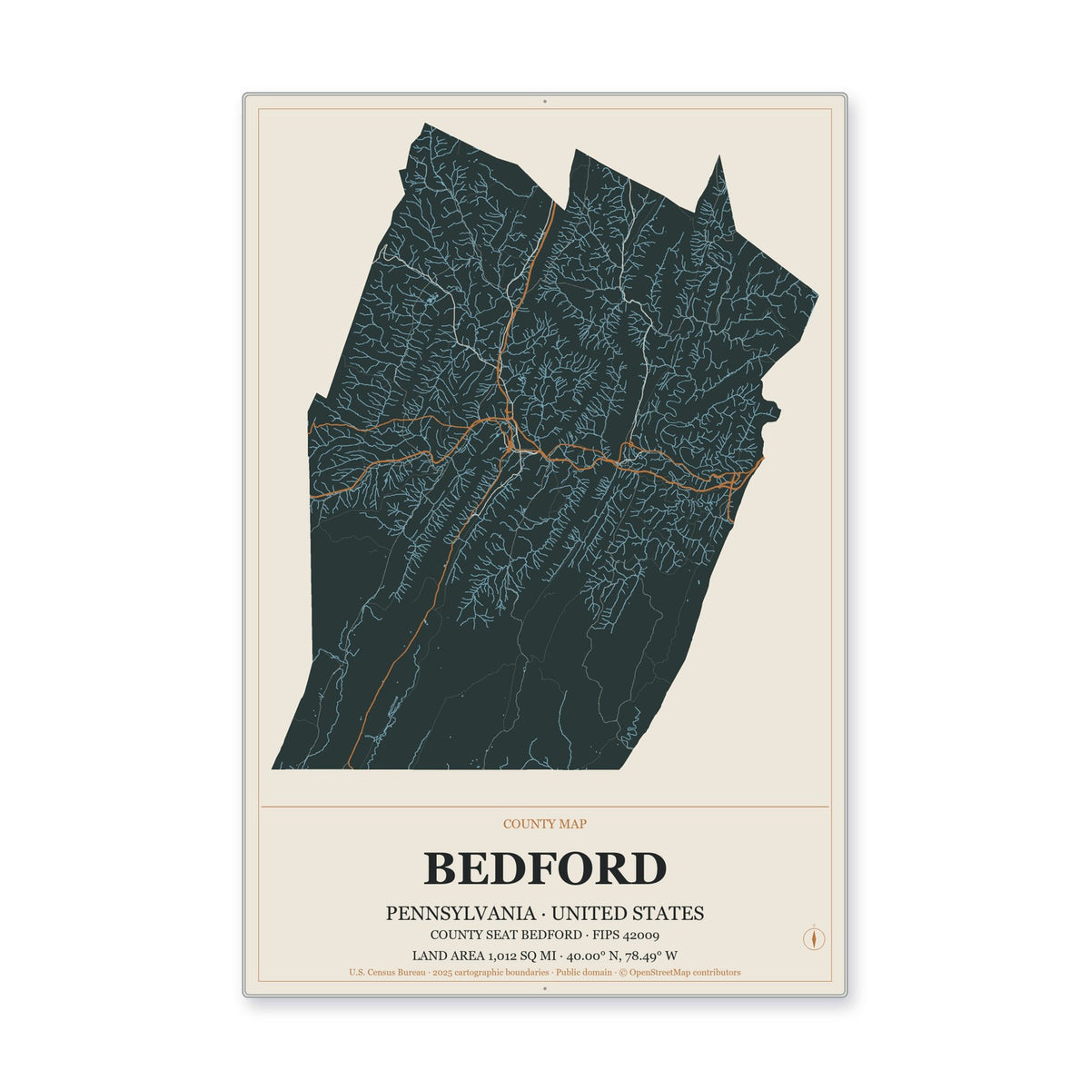 Bedford County, Pennsylvania Map Aluminum Sign in Headline Atlas style