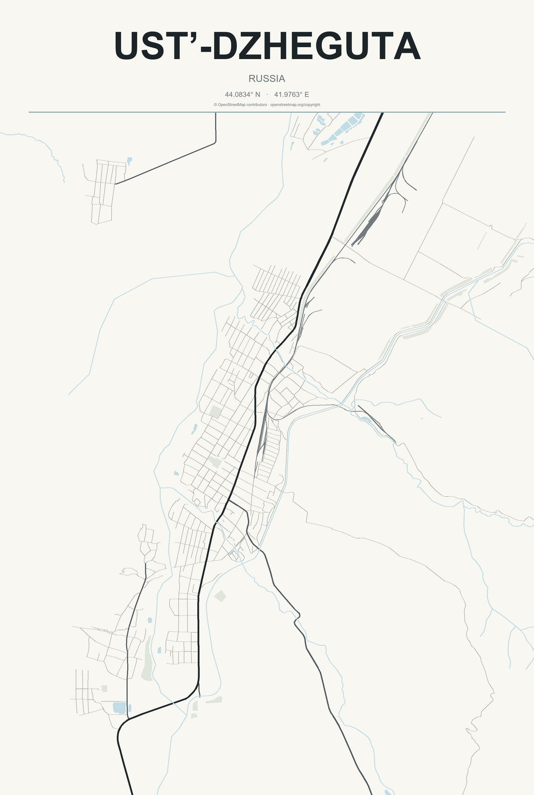 Ust’-Dzheguta, Russia City Map Aluminum Sign in Headline Atlas style