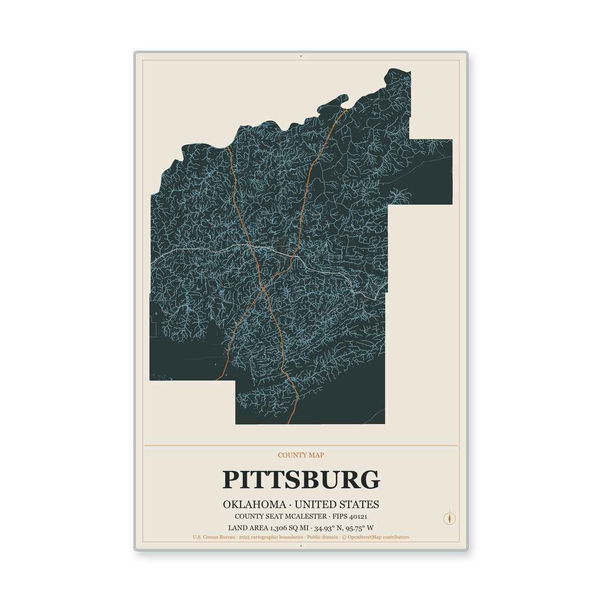 Pittsburg County, Oklahoma Map Aluminum Sign in Headline Atlas style