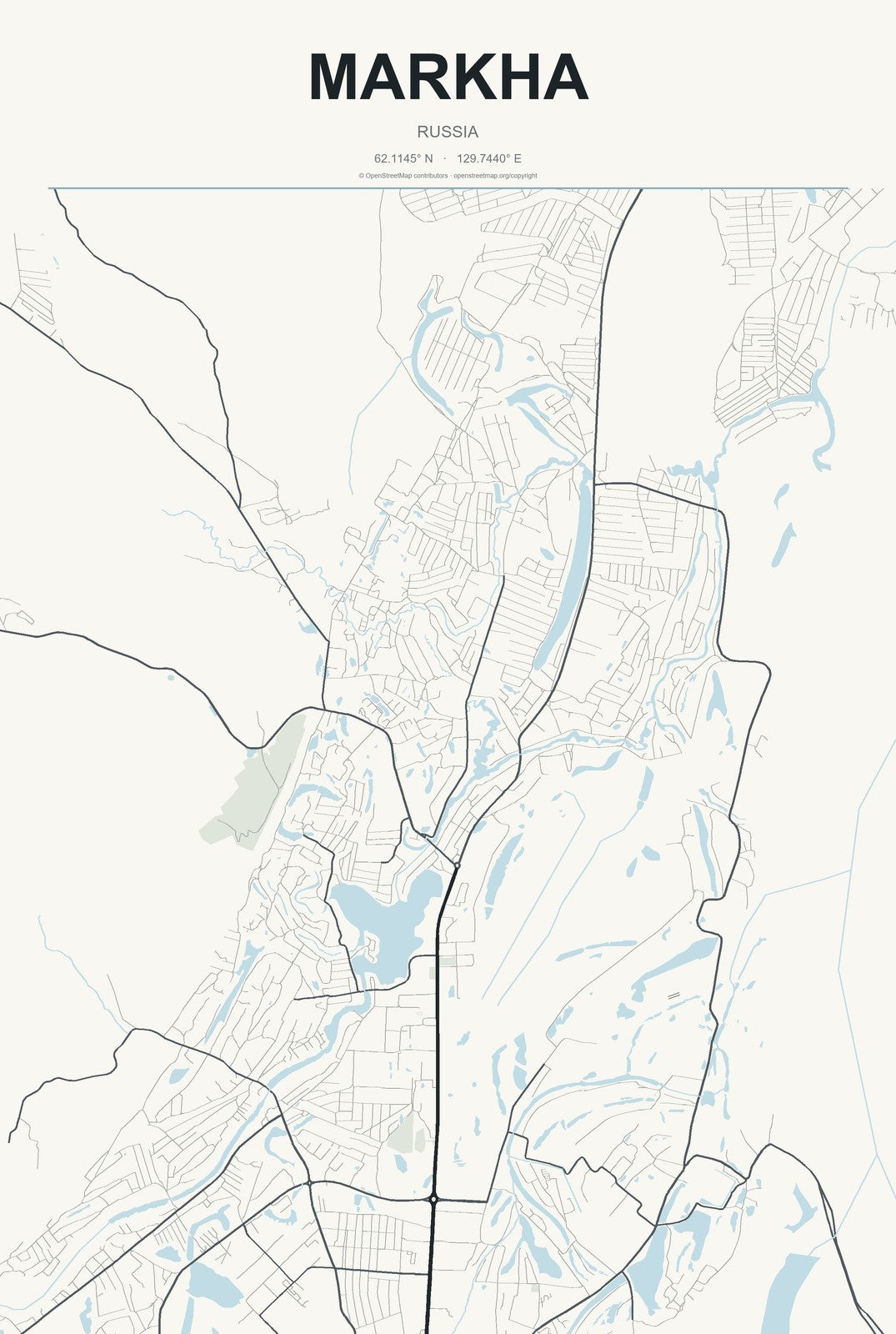 Markha, Russia City Map Aluminum Sign in Headline Atlas style