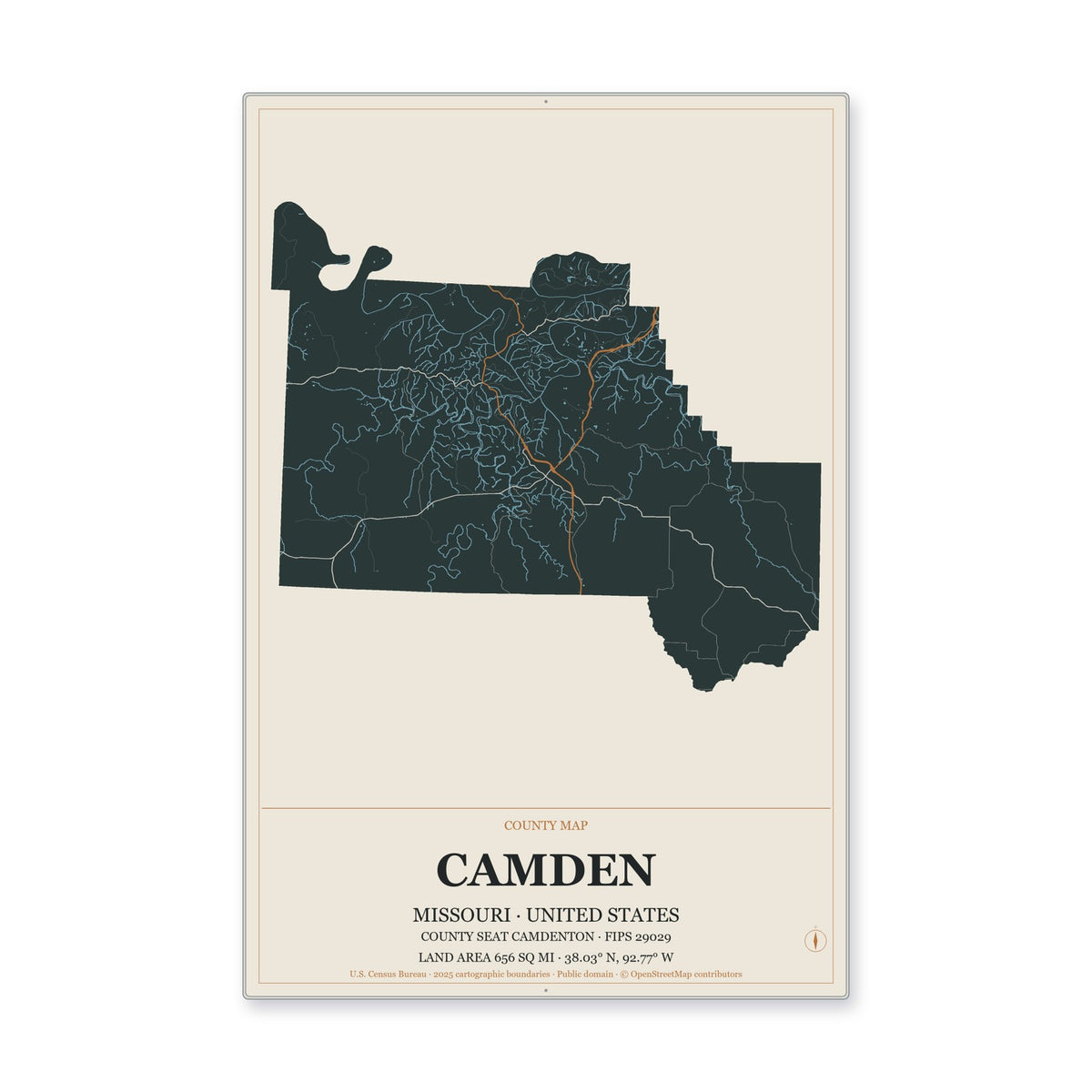 Camden County, Missouri Map Aluminum Sign in Headline Atlas style