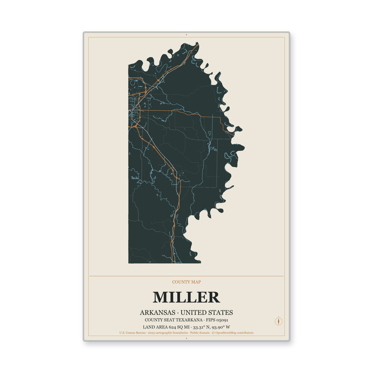 Miller County, Arkansas Map Aluminum Sign in Headline Atlas style
