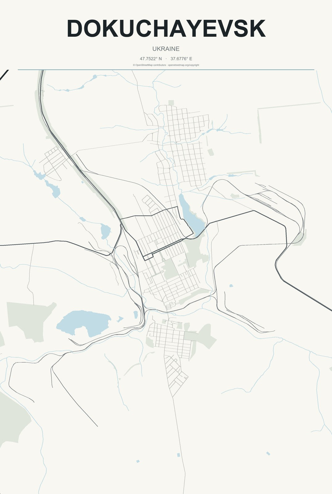 Dokuchayevsk, Ukraine City Map Aluminum Sign in Headline Atlas style