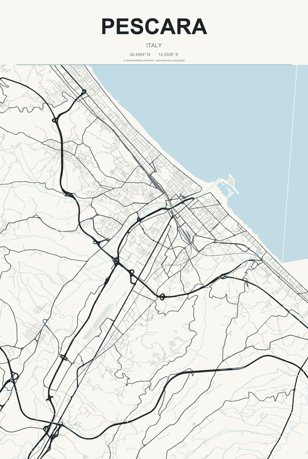 Pescara, Italy City Map Aluminum Sign in Headline Atlas style