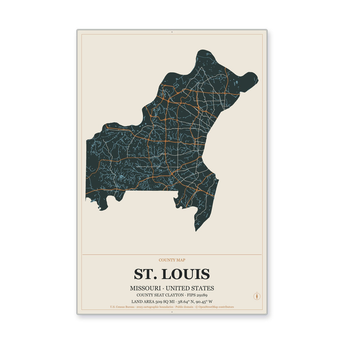 St. Louis County, Missouri Map Aluminum Sign in Headline Atlas style