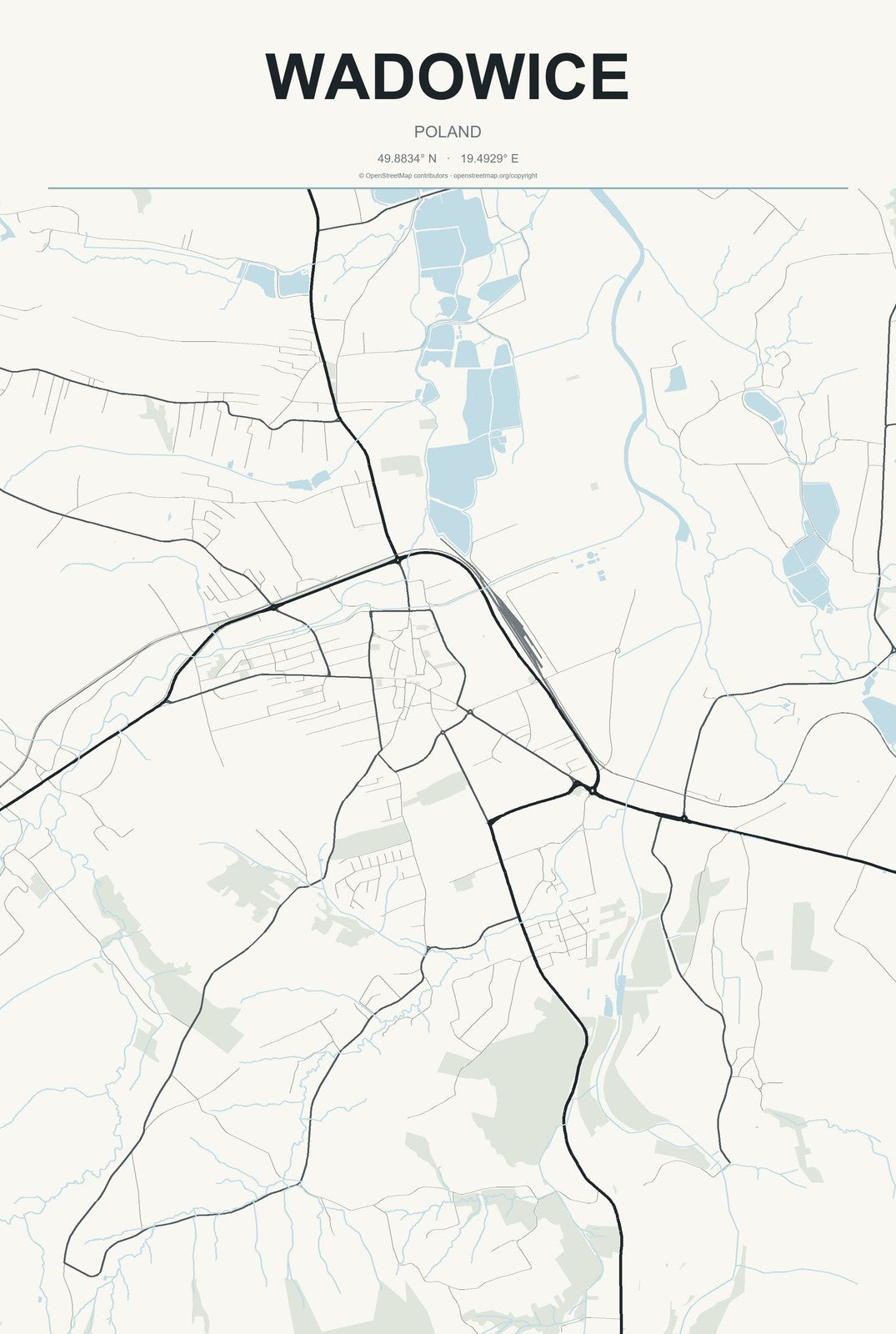Wadowice, Poland City Map Aluminum Sign in Headline Atlas style