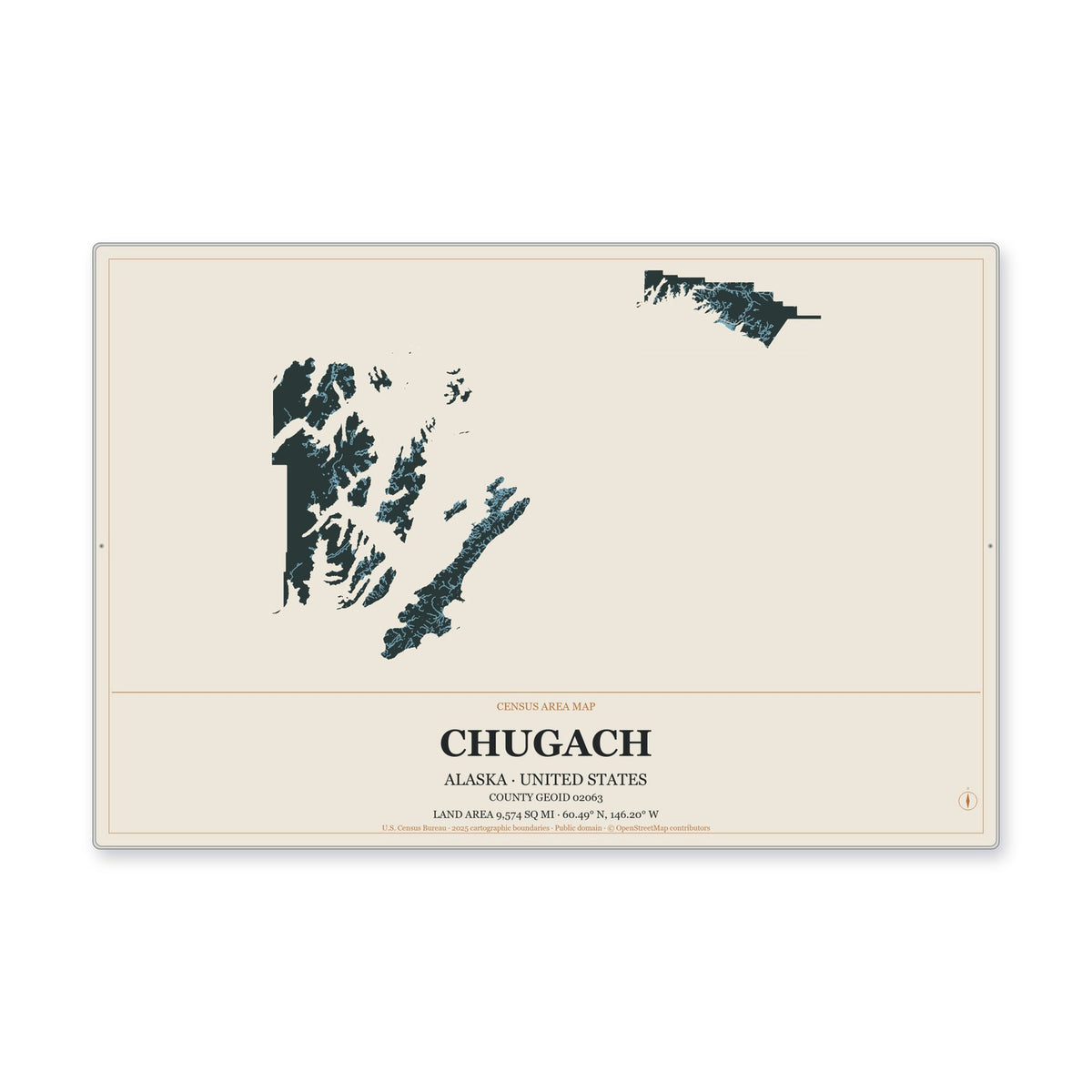 Chugach Census Area, Alaska Map Aluminum Sign in Headline Atlas style