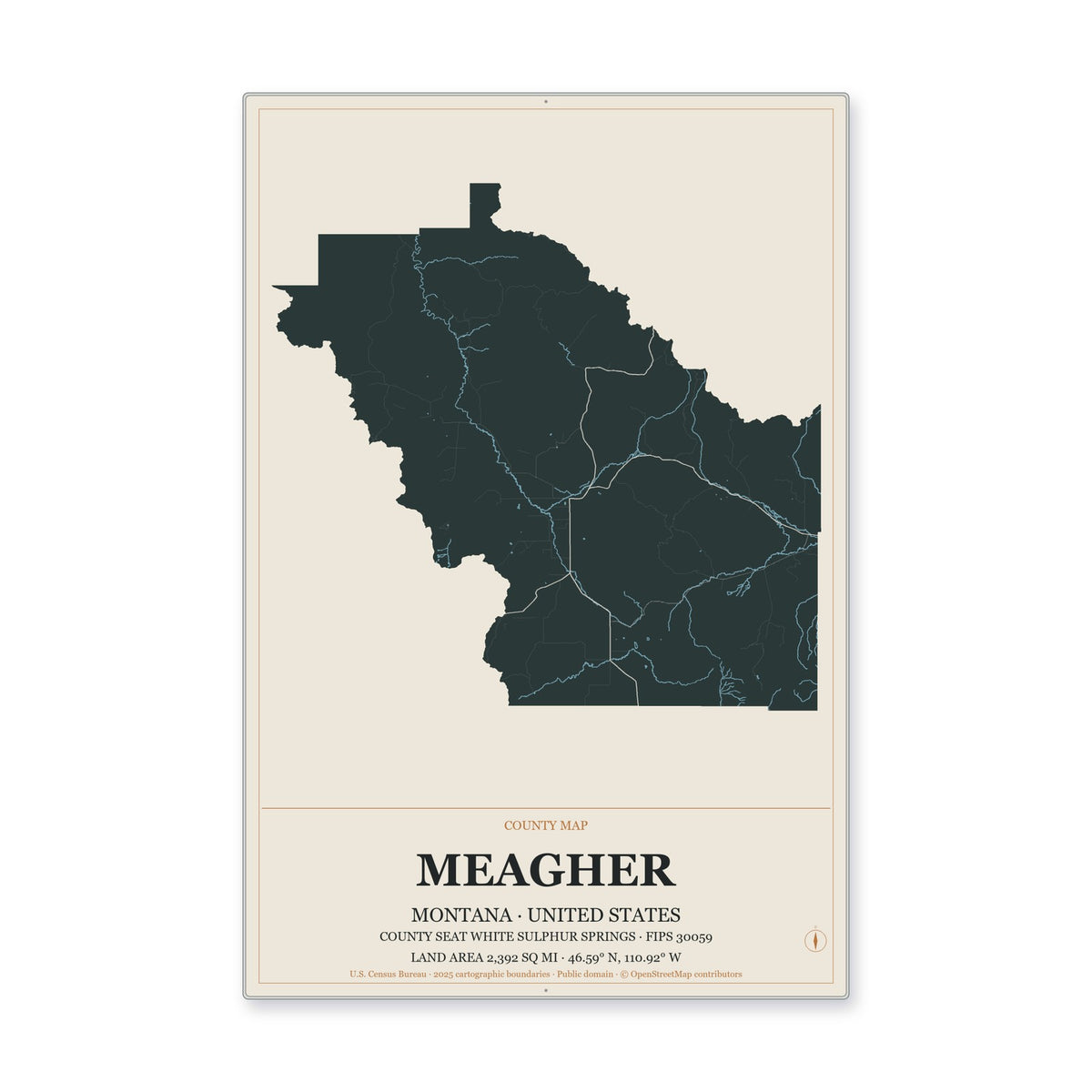 Meagher County, Montana Map Aluminum Sign in Headline Atlas style