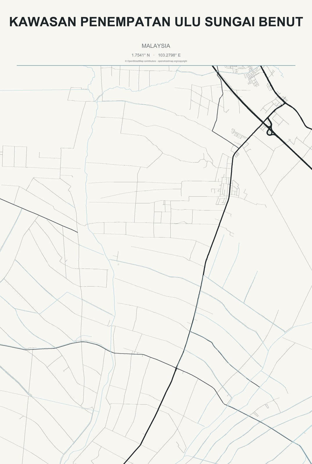 Kawasan Penempatan Ulu Sungai Benut, Malaysia City Map Aluminum Sign in Headline Atlas style