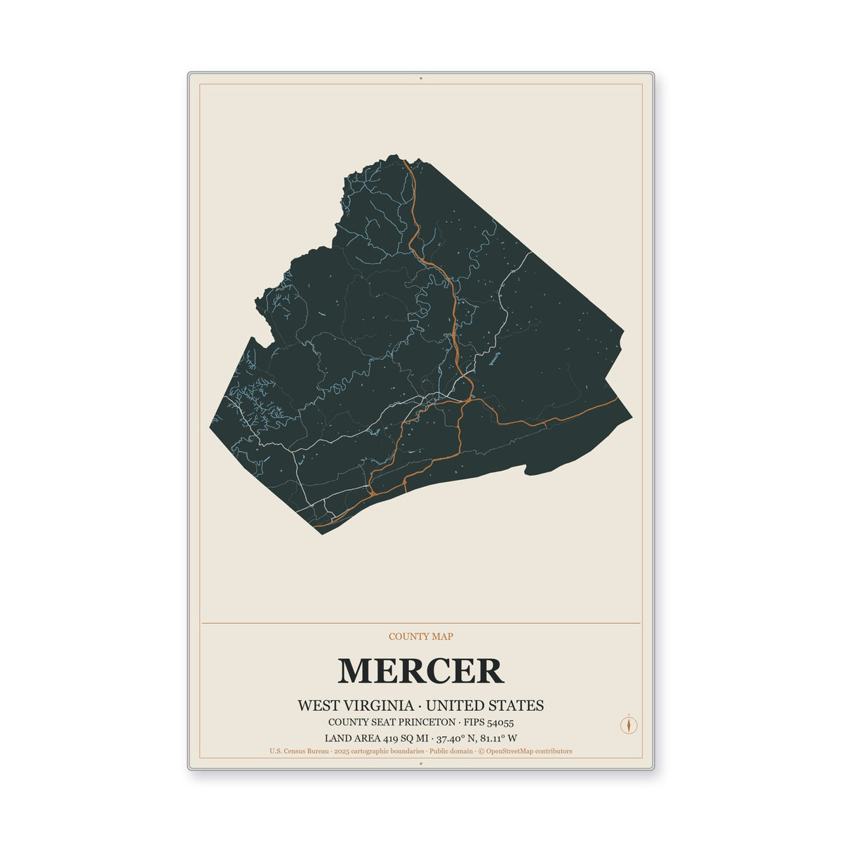 Mercer County, West Virginia Map Aluminum Sign in Headline Atlas style