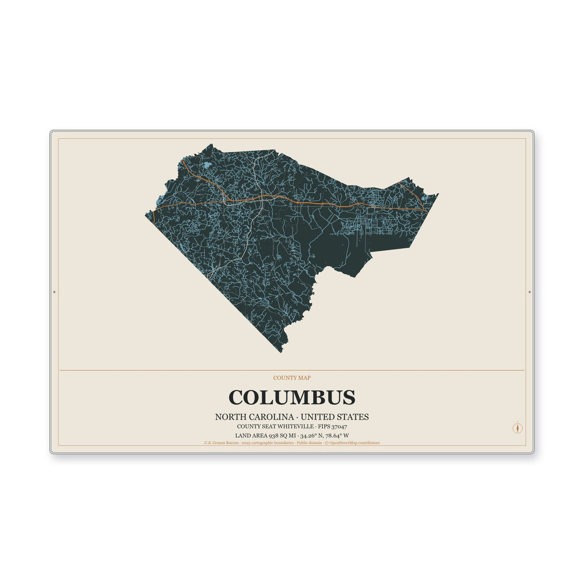 Columbus County, North Carolina Map Aluminum Sign in Headline Atlas style