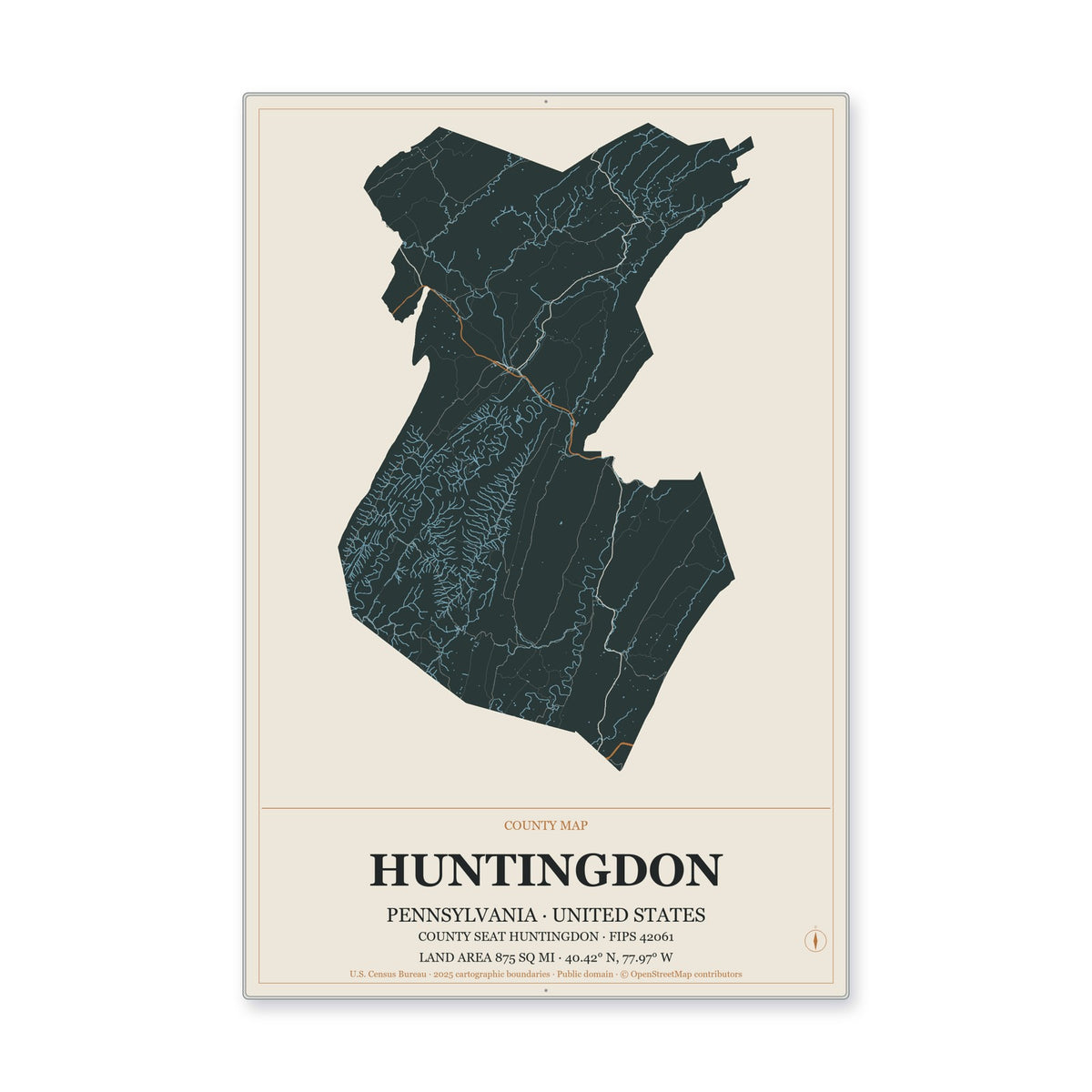 Huntingdon County, Pennsylvania Map Aluminum Sign in Headline Atlas style