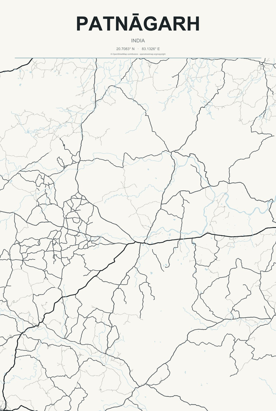 Patnāgarh, India City Map Aluminum Sign in Headline Atlas style