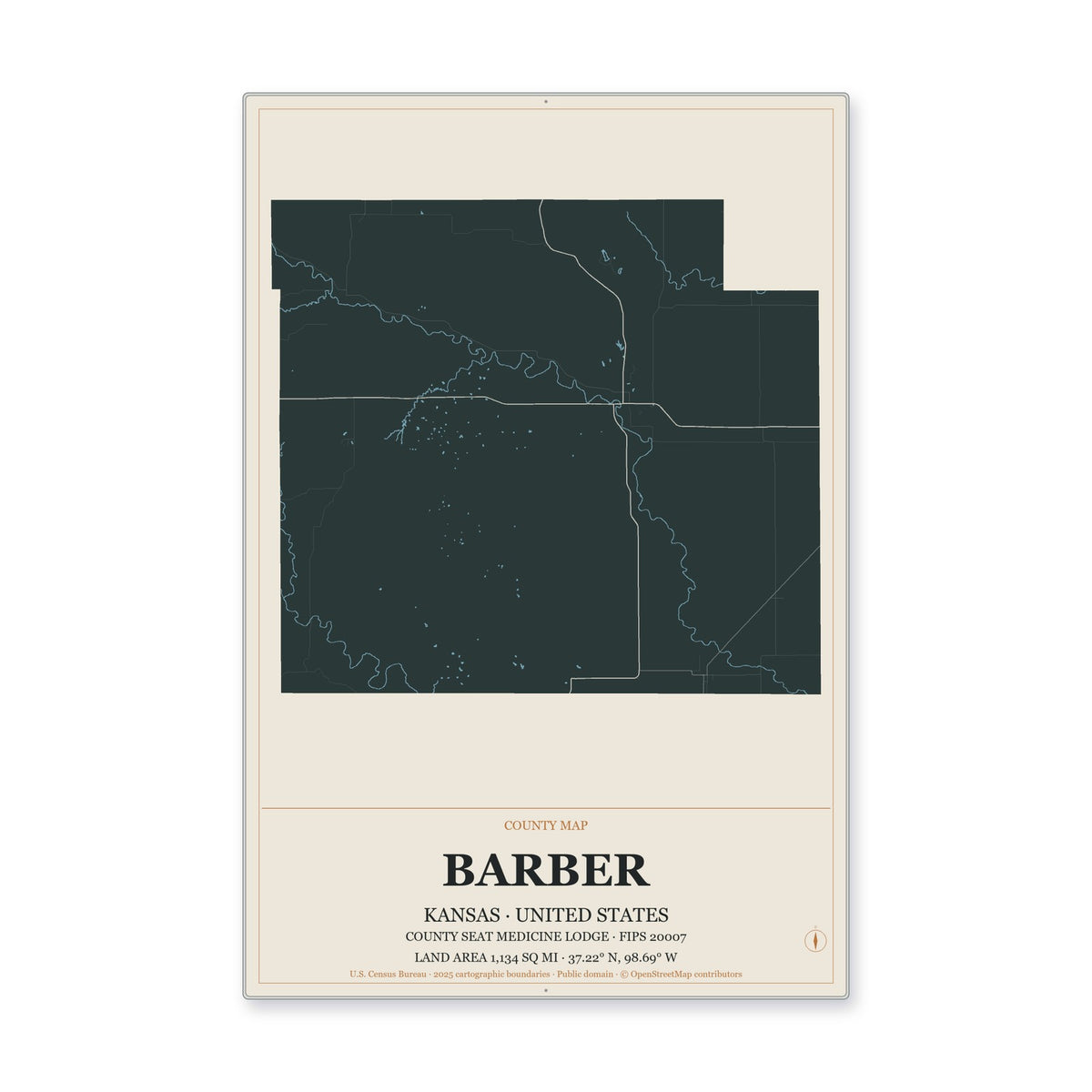 Barber County, Kansas Map Aluminum Sign in Headline Atlas style