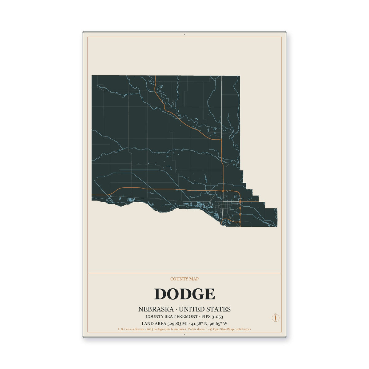 Dodge County, Nebraska Map Aluminum Sign in Headline Atlas style