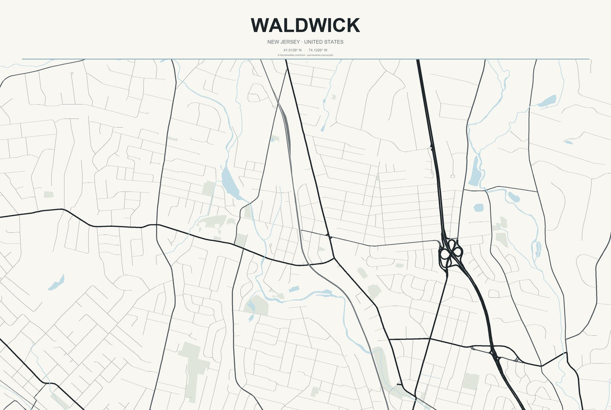 Waldwick, New Jersey City Map Aluminum Sign in Headline Atlas style
