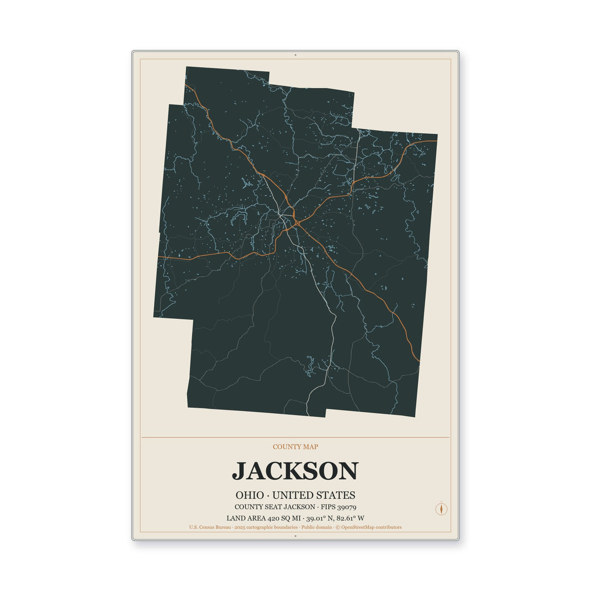 Jackson County, Ohio Map Aluminum Sign in Headline Atlas style