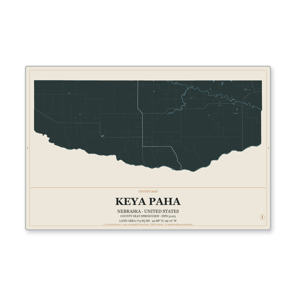 Keya Paha County, Nebraska Map Aluminum Sign in Headline Atlas style