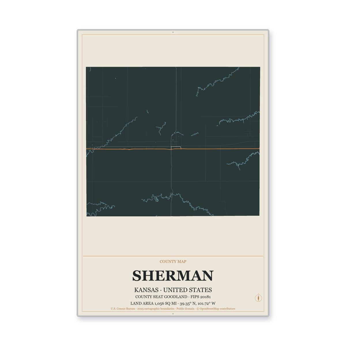 Sherman County, Kansas Map Aluminum Sign in Headline Atlas style