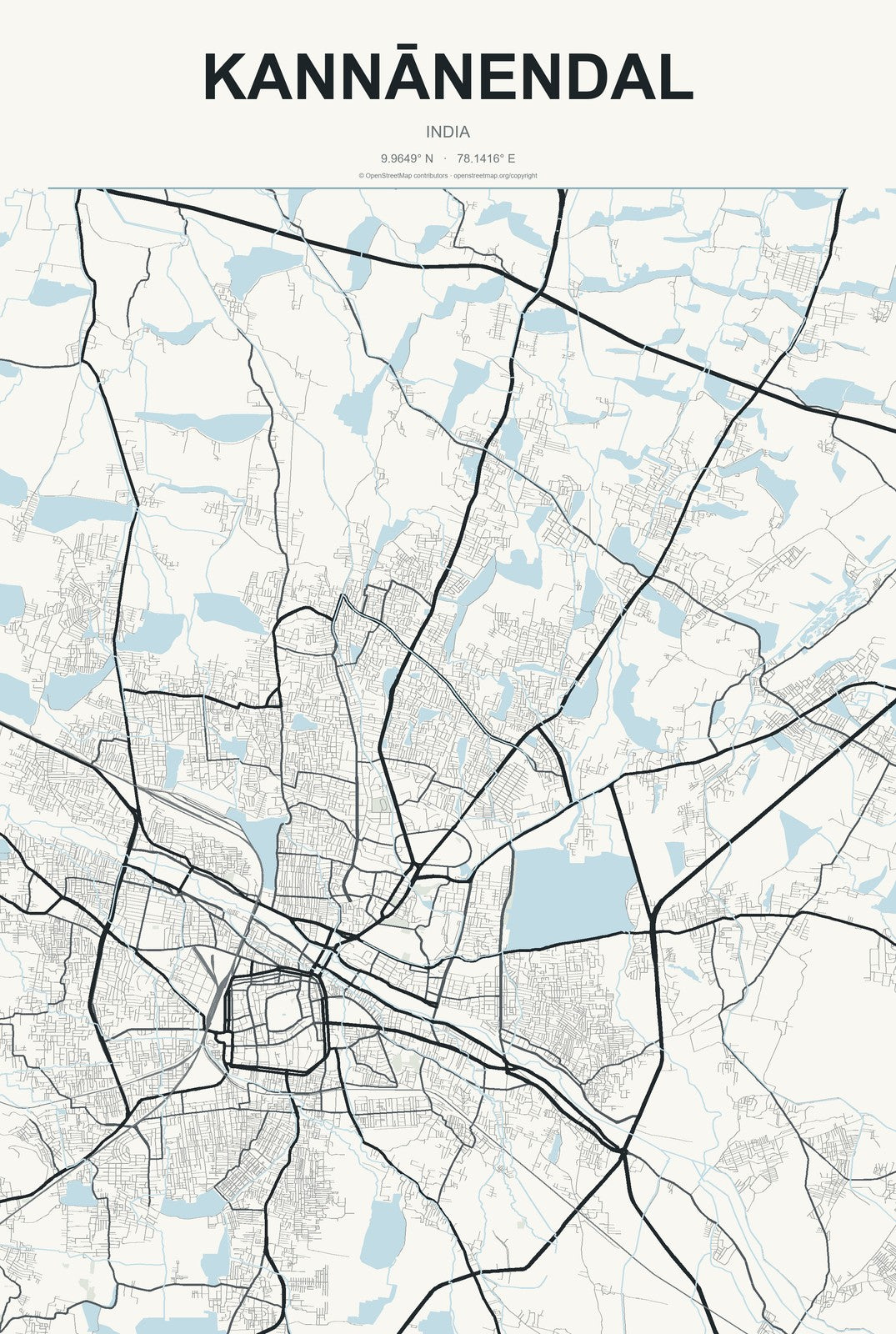 Kannānendal, India City Map Aluminum Sign in Headline Atlas style