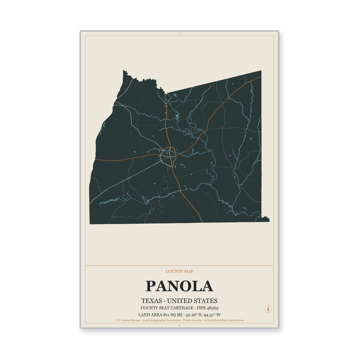 Panola County, Texas Map Aluminum Sign in Headline Atlas style