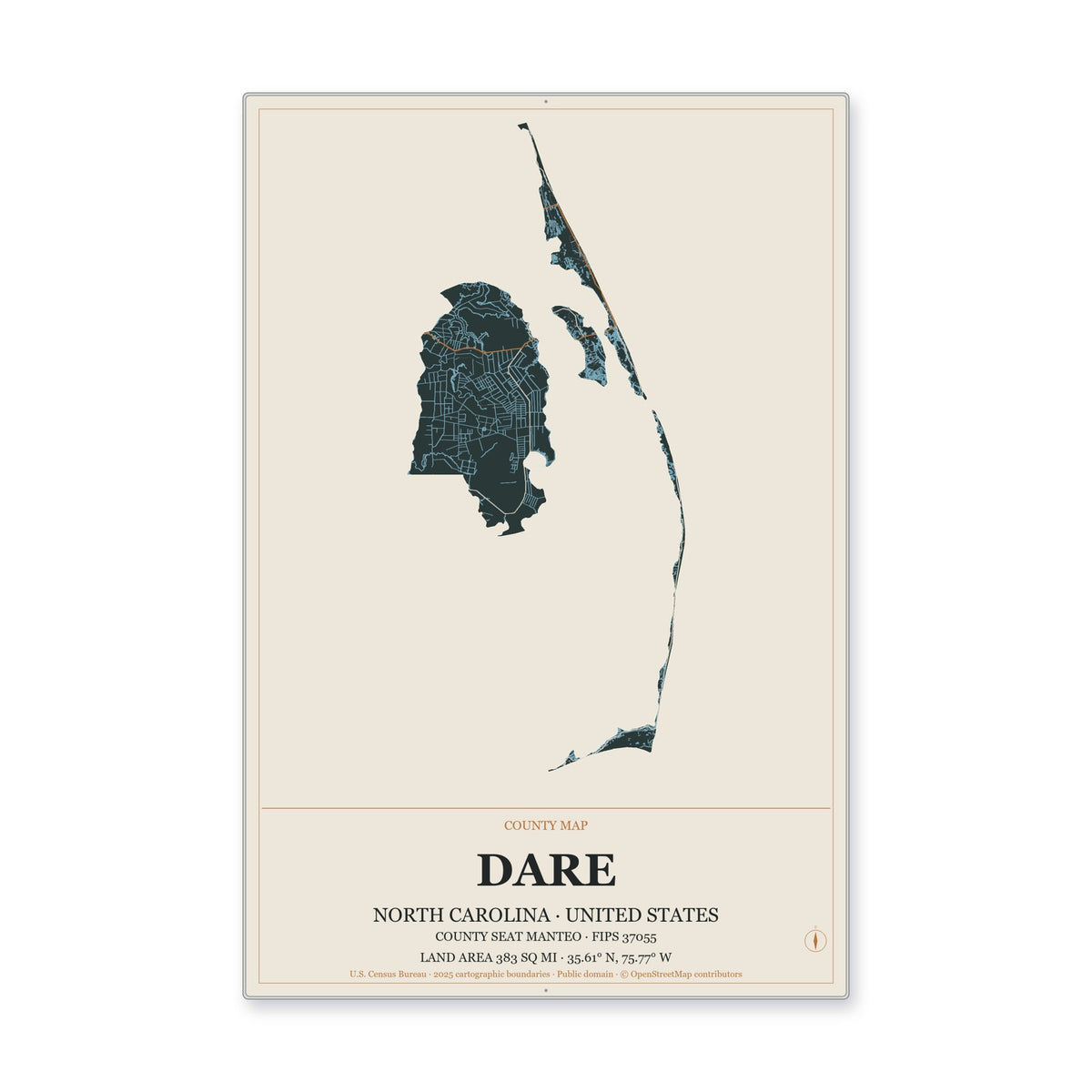 Dare County, North Carolina Map Aluminum Sign in Headline Atlas style